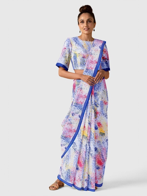 

Taneira White & Blue Abstract Hand Painted Pure Cotton Saree