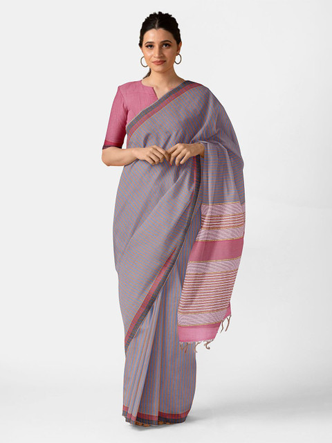 

Taneira Grey & Violet Striped Pure Cotton Saree