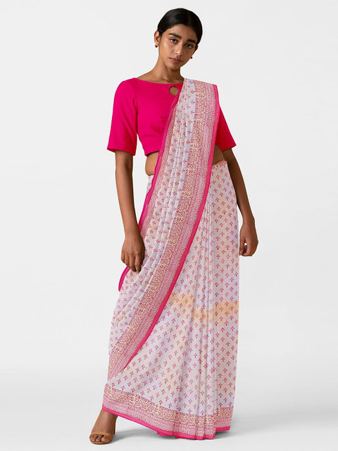 

Taneira White & Pink Ethnic Motifs Pure Cotton Block Print Saree