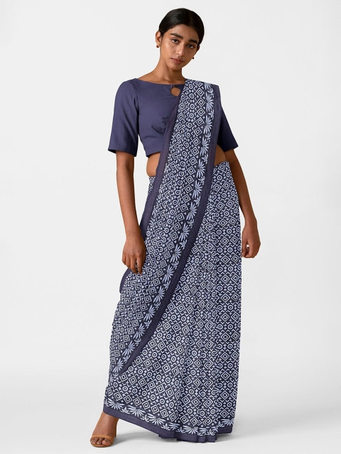 

Taneira Blue & White Printed Pure Cotton Block Print Saree