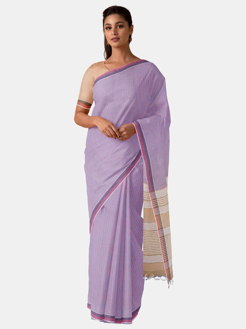 

Taneira Lavender & Beige Striped Pure Cotton Saree