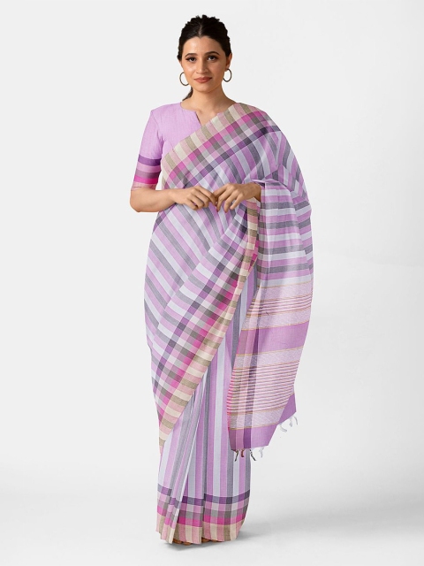 

Taneira Lavender & Grey Striped Pure Cotton Saree