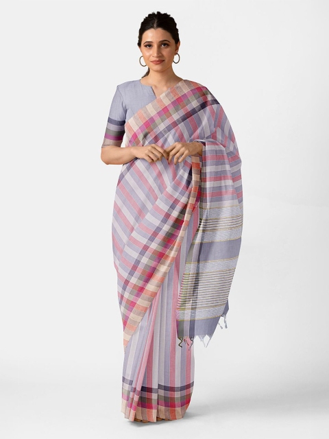 

Taneira Blue & Pink Striped Pure Cotton Saree