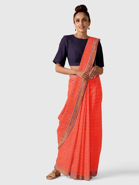 

Taneira Orange & Blue Checked Pure Cotton Ikat Saree