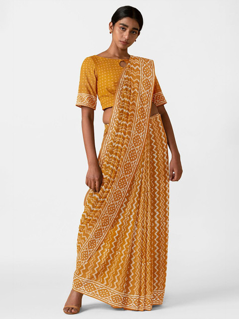 

Taneira Yellow & White Pure Rajasthan Cotton Block Print Saree