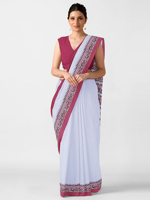 

Taneira White & Pink Pure Cotton Block Print Saree