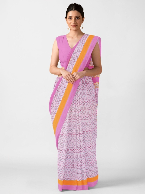 

Taneira Pink & Orange Ethnic Motifs Pure Cotton Block Print Saree