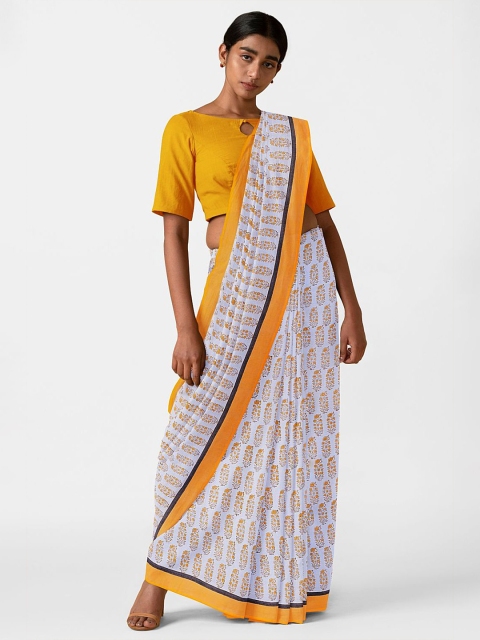 

Taneira White & Yellow Block Print Bengal Cotton Saree