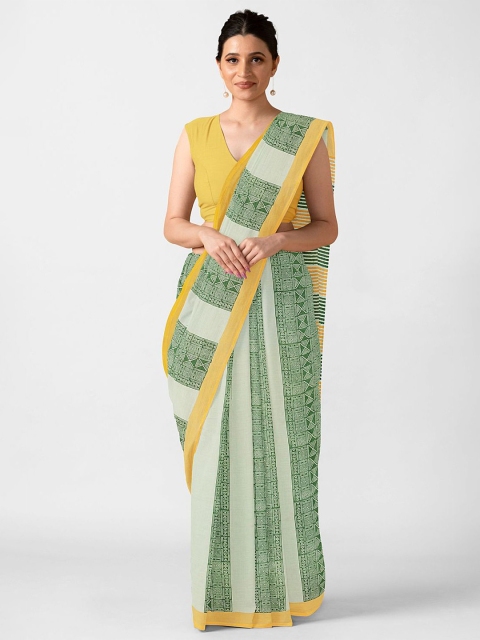 

Taneira Green & Yellow Pure Bengal Cotton Mulmul Block Print Saree