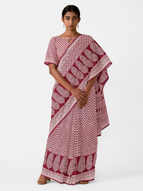 

Taneira Maroon & White Pure Cotton Bagh Saree