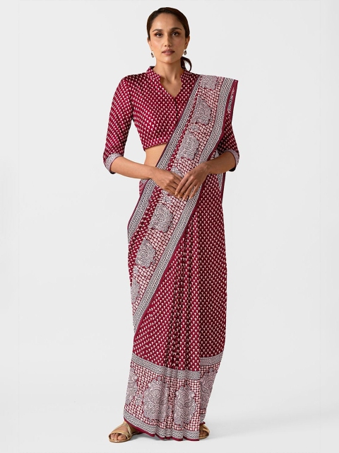 

Taneira Burgundy & White Ethnic Motifs Printed Pure Cotton Bagh Saree