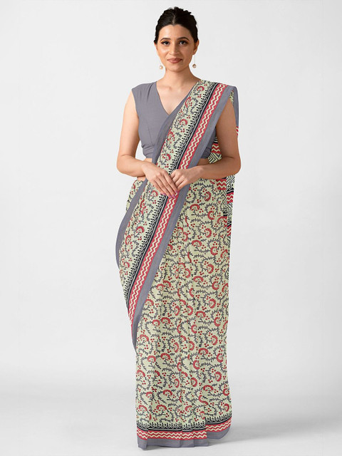 

Taneira Green & White Floral Pure Cotton Block Print Saree