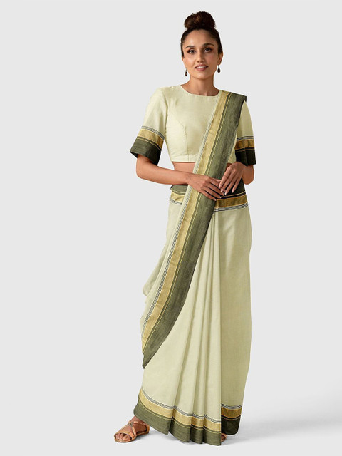 

Taneira Off White & Green Pure Cotton Saree
