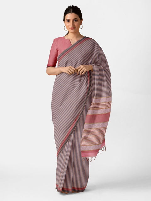 

Taneira Grey & Brown Striped Pure Cotton Saree
