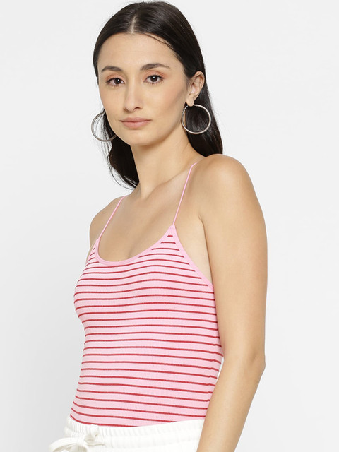 

FOREVER 21 Women Pink & Red Striped Thong Bodysuit