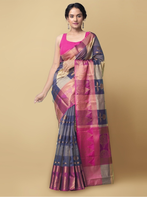 

Unnati Silks Blue & Pink Checked Zari Silk Cotton Sustainable Banarasi Saree