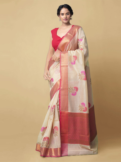 

Unnati Silks Off White & Pink Woven Design Zari Silk Cotton Banarasi Saree
