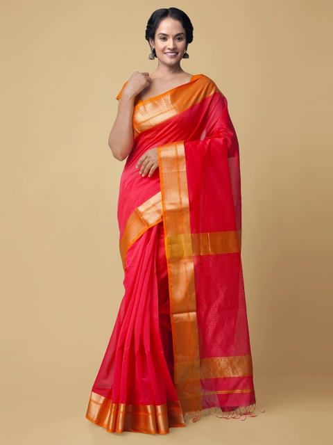 

Unnati Silks Pink & Gold-Toned Zari Silk Cotton Pure Handloom Sustainable Maheshwari Saree