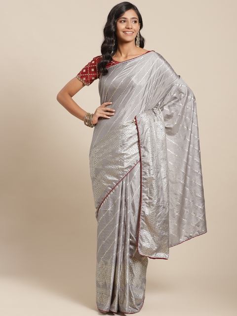 

SUTRAM Grey & Golden Striped Art Silk Saree