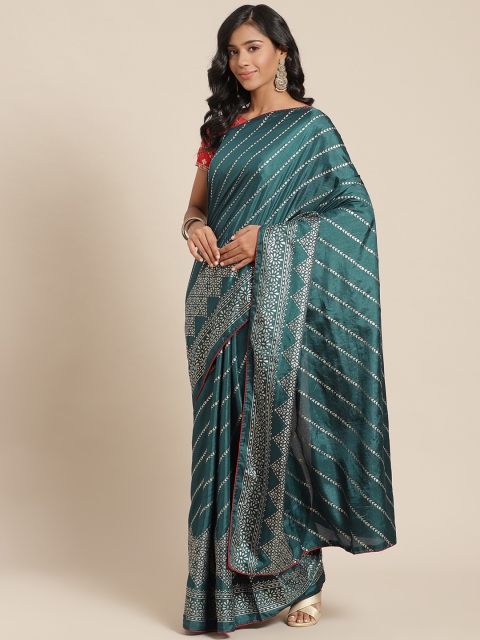 

SUTRAM Teal Green & Golden Striped Art Silk Saree