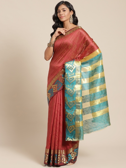 

SUTRAM Maroon & Green Solid Saree With Woven Design Border