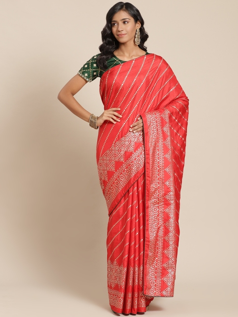 

SUTRAM Red & Golden Striped Art Silk Saree