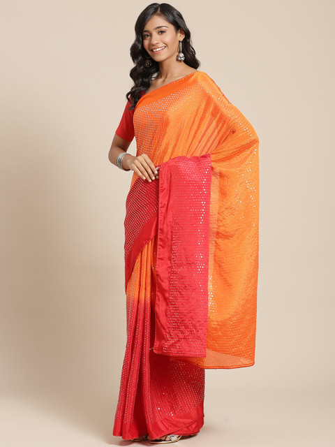 

SUTRAM Orange & Red Ombre Sequinned Pure Chiffon Saree
