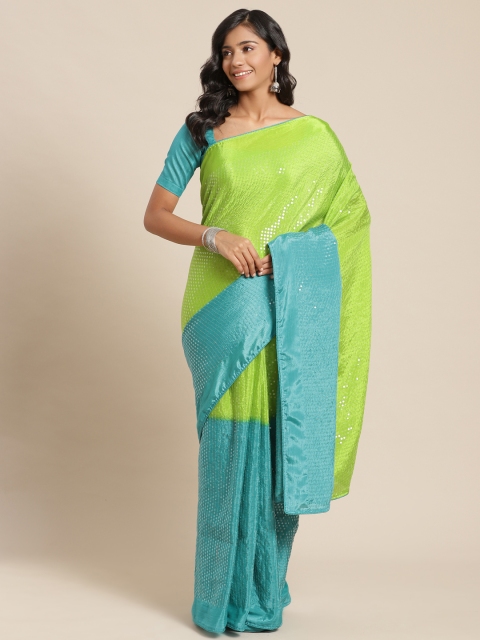 

SUTRAM Green & Turquoise Blue Ombre Sequinned Pure Chiffon Saree