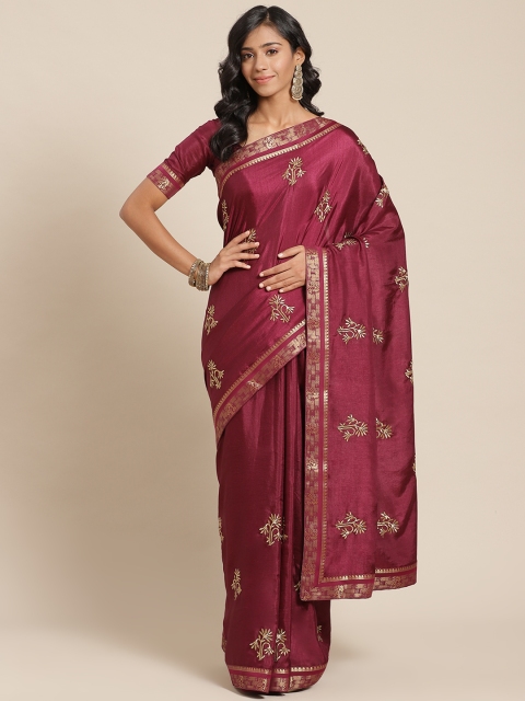 

SUTRAM Burgundy & Golden Embroidered Art Silk Saree