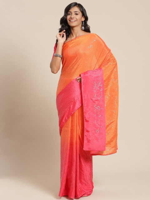 

SUTRAM Orange & Pink Ombre Sequinned Pure Chiffon Saree
