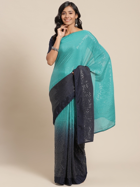 

SUTRAM Teal Green & Navy Blue Ombre Sequinned Pure Chiffon Saree