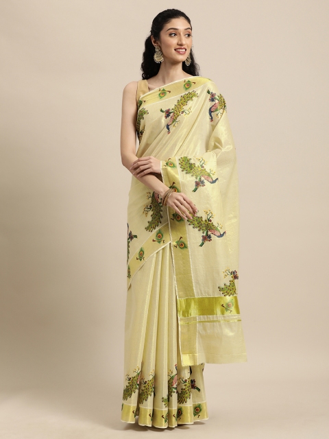 

Thara Saree Cream-Coloured & Green Ethnic Motifs Pure Cotton Kasavu Sarees
