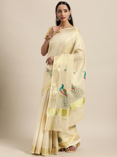 

Thara Saree Cream-Coloured Ethnic Motifs Pure Cotton Kasavu Sarees