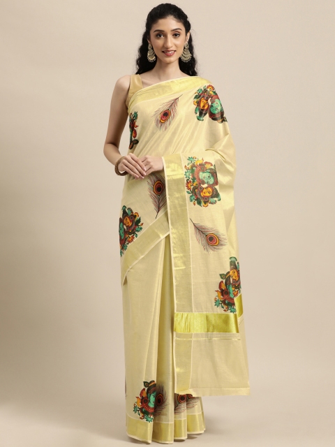 

Thara Saree Cream-Coloured Ethnic Motifs Pure Cotton Kasavu Sarees