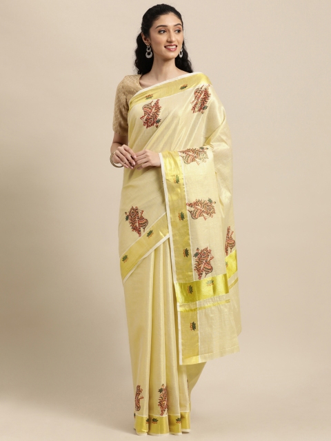 

Thara Saree Cream-Coloured Ethnic Motifs Pure Cotton Kasavu Sarees