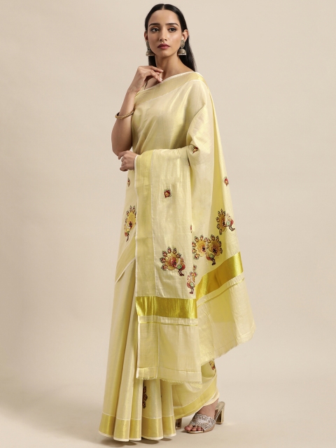 

Thara Saree Cream-Coloured Ethnic Motifs Pure Cotton Kasavu Sarees