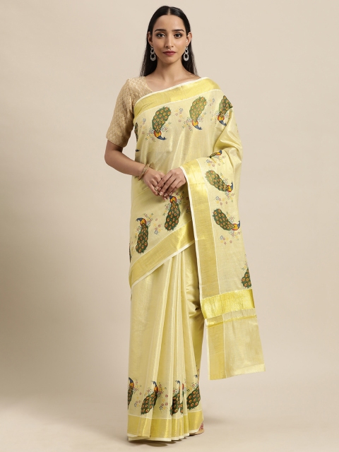 

Thara Saree Cream-Coloured Ethnic Motifs Pure Cotton Kasavu Sarees