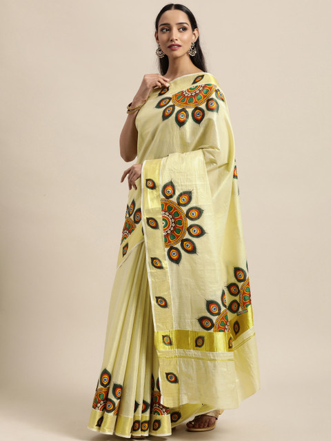 

Thara Saree Cream-Coloured Ethnic Motifs Pure Cotton Kasavu Sarees