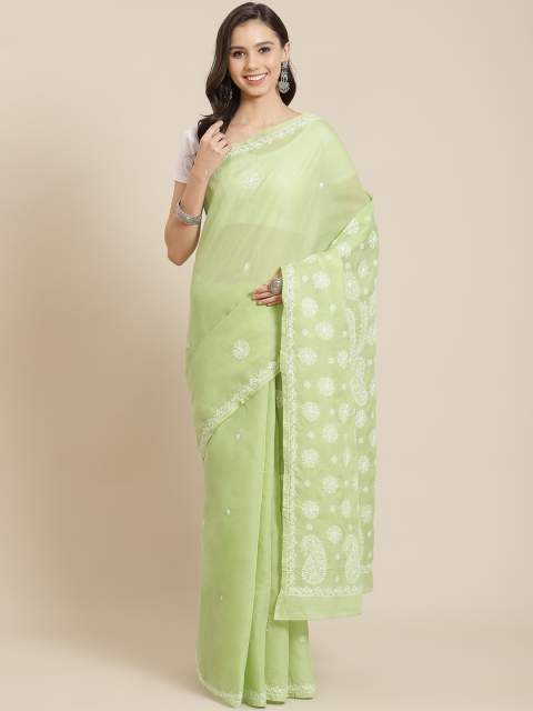 

ADA Green & Off White Sustainable Chikankari Embroidered Handloom Saree