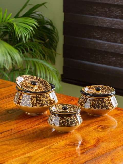 

ExclusiveLane Set Of 3 Brown & Beige Hand-Painted Ceramic Serving Handi With Lid
