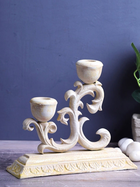 

A Vintage Affair- Home Decor Off White & Yellow Antique Iron Rustic 2-Candle Stand