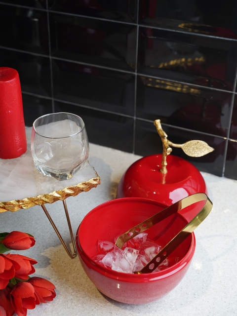 

Folkstorys Red & Gold-Toned Solid Apple Ice Bucket With Tong