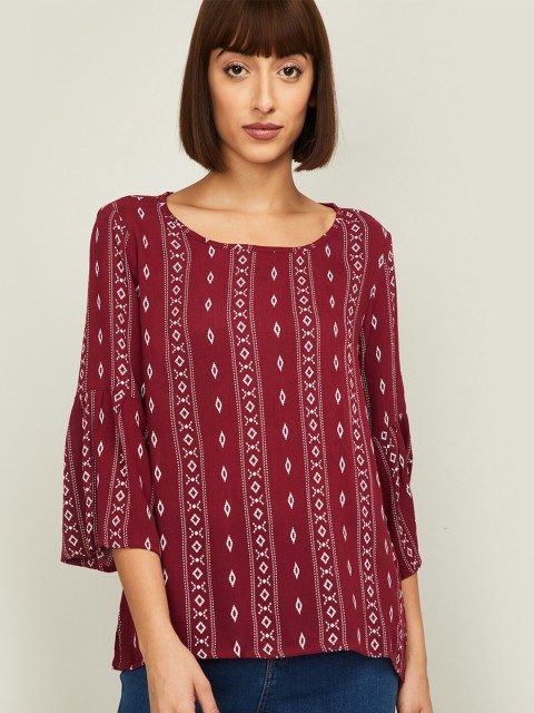 

Fame Forever by Lifestyle Burgundy Geometric Bell Sleeve Regular Top