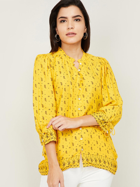 

Fame Forever by Lifestyle Yellow Floral Mandarin Collar Regular Top