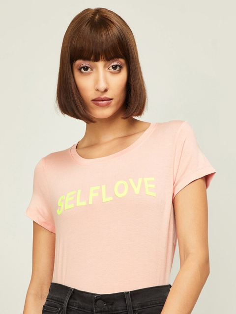 

Fame Forever by Lifestyle Women Pink Typography Printed Raw Edge T-shirt