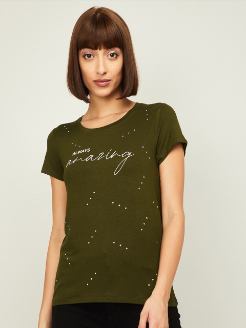 

Fame Forever by Lifestyle Women Olive Green Printed Extended Sleeves T-shirt