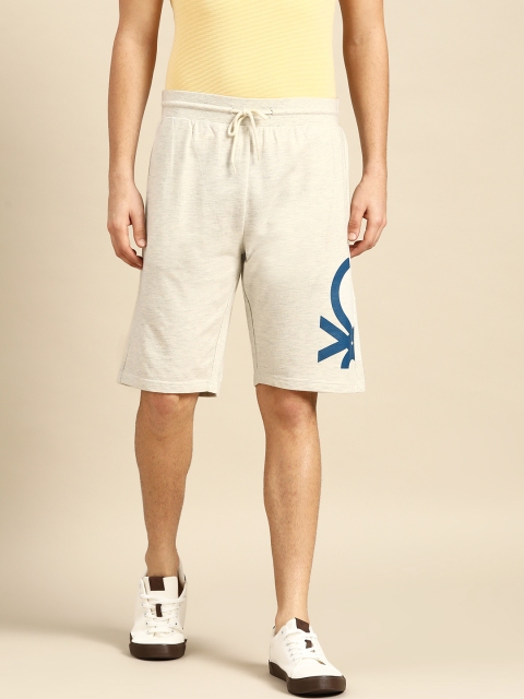 

United Colors of Benetton Men Grey Melange Brand Logo Print Mid-Rise Regular Shorts
