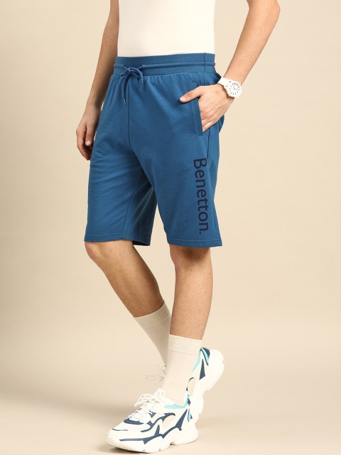 

United Colors of Benetton Men Teal Blue Brand Logo Print Mid-Rise Regular Shorts