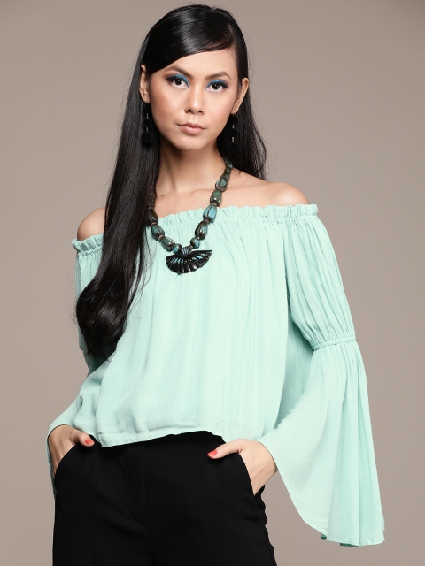 

Label Ritu Kumar Sea Green Off-Shoulder Bardot Top