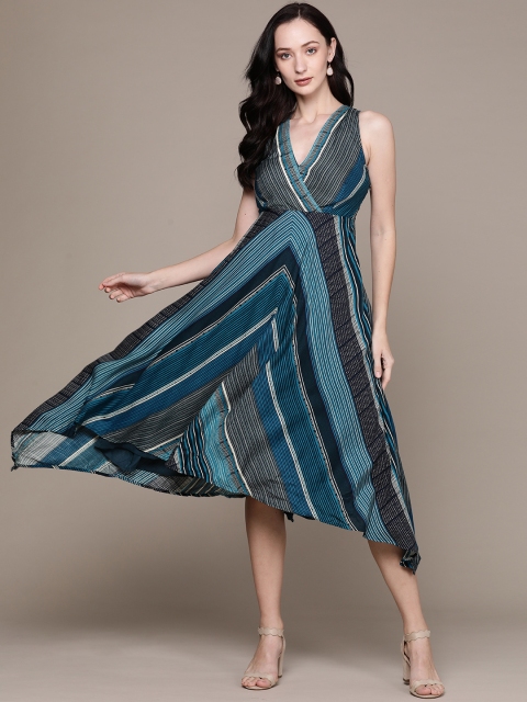 

Label Ritu Kumar Blue Striped Midi Dress